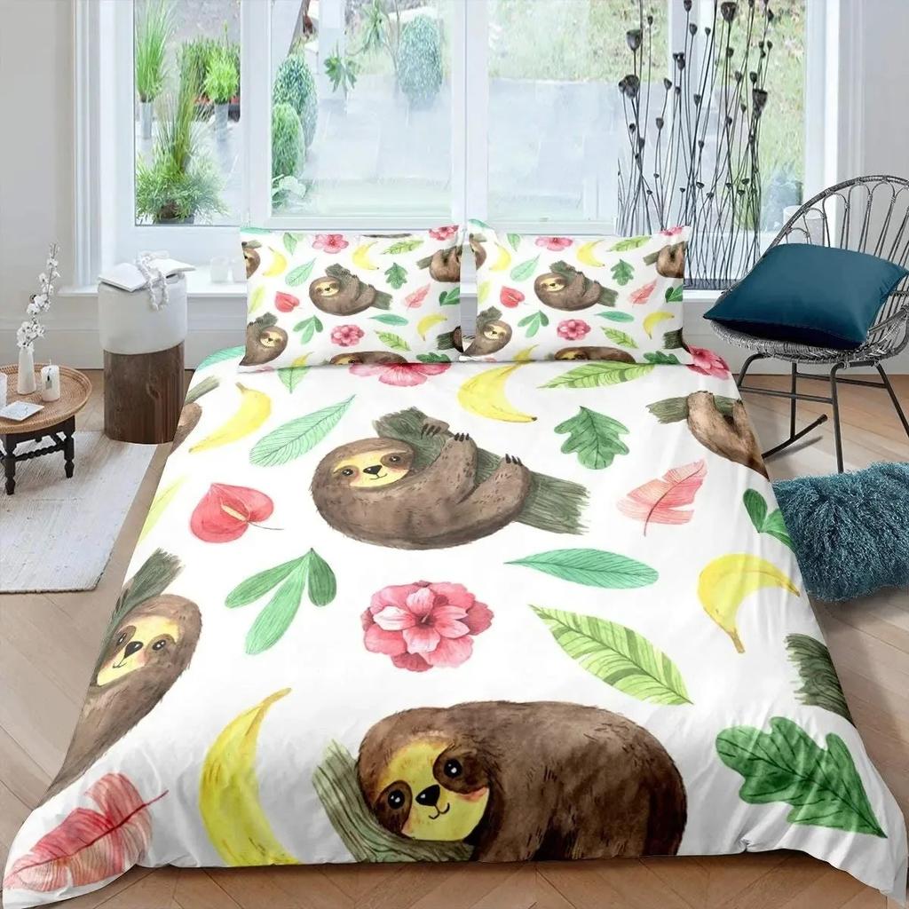 Kids Sloth Duvet Cover Set Queen King Size Cute Animal Pattern Polyester Comforter Cover Branches Winter Theme for Boys Girls