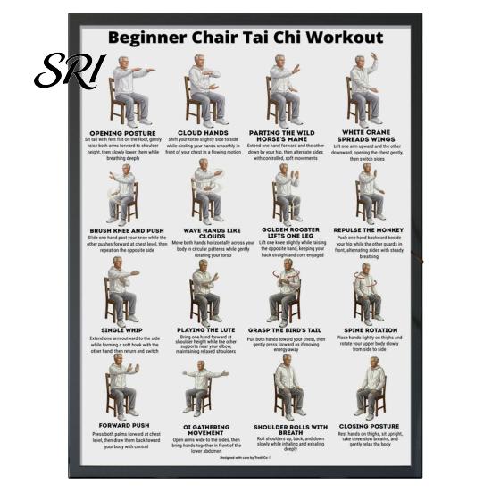 Tai Chi Chair Exercise Poster Workout Unframed Routine Clear Visual Instructions Low Impact Guide Seated Chart for Seniors Beginners Gentle