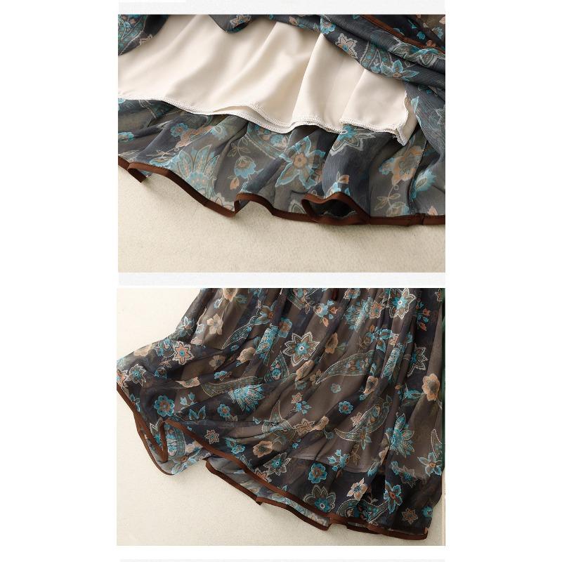 Summer new literary loose chiffon floral skirt women's medium and long anti-penetration gauze skirt A-shaped skirt