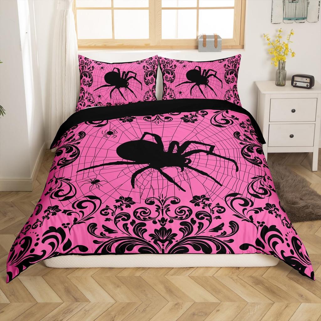 Black White Spider Web Duvet Cover Queen Halloween Gothic Bedding Set for Boys Adults Room Decor Hippie Floral Comforter Cover