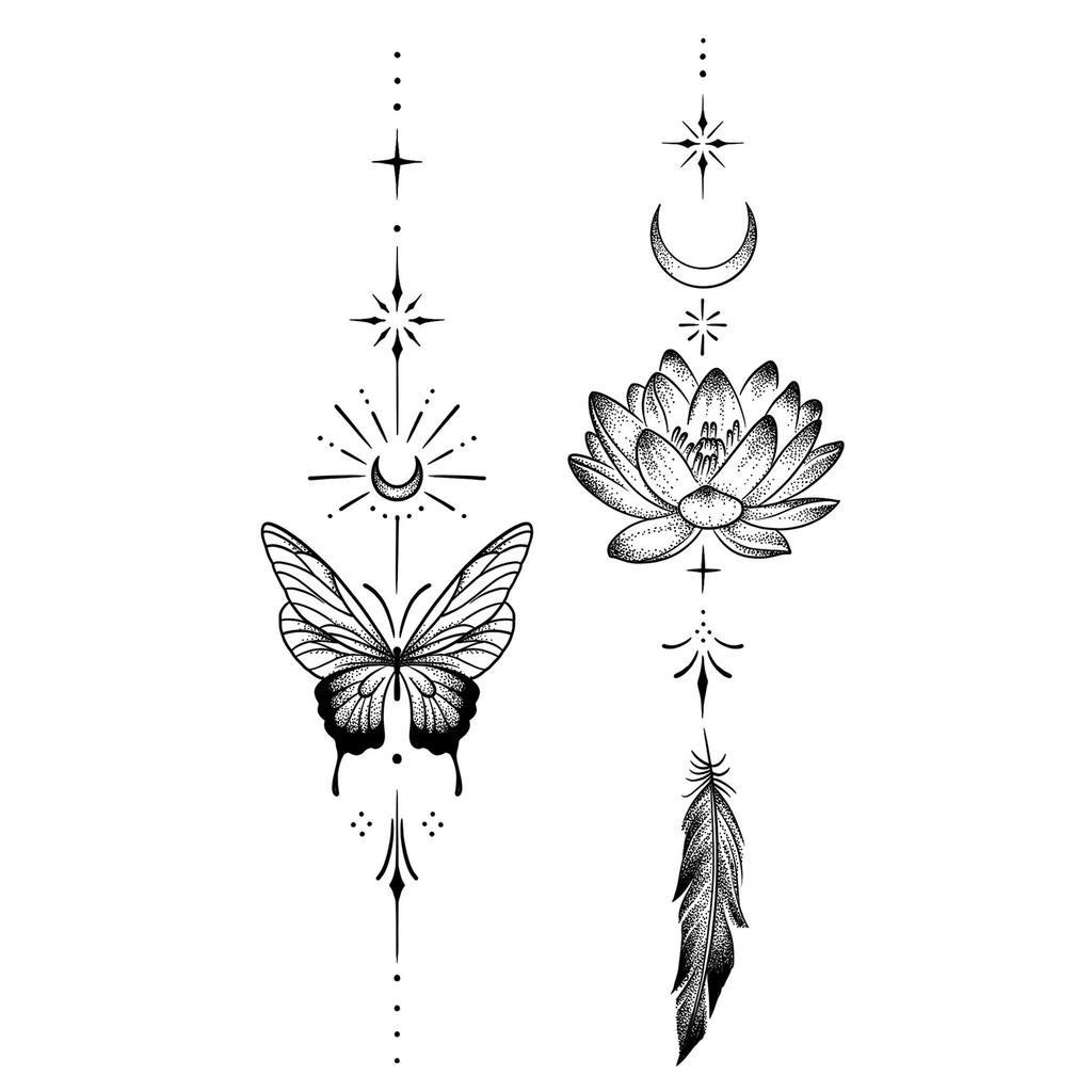 Sticker Tatuaggio Adesivo Lunga Striscia Totem Linea Dita Multi-Immagine Fiore Semplice Liscio Sole Luna Stella Schiena Vita Colonna Vertebrale