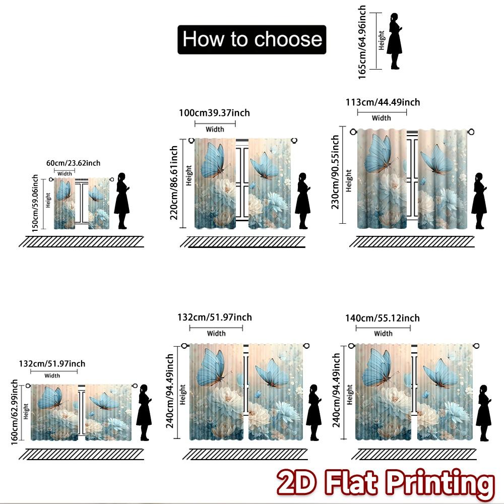 2D Flat Printing 2pcs Curtains Blue Butterfly Flowers Digital Printed Polyester Drapes Family Party Use for Living Room Decor