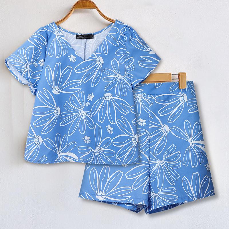 ZANZEA Women Short Sleeve Blouse and Shorts Summer Print Two Piece Suit Sets