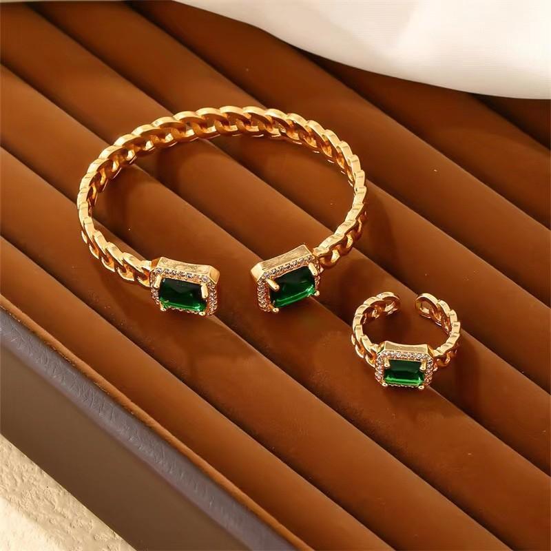 Retro Light Luxury Fashion Open Round Colorful Zircon Bracelet Ring Set One  Size(18CM~21CM)