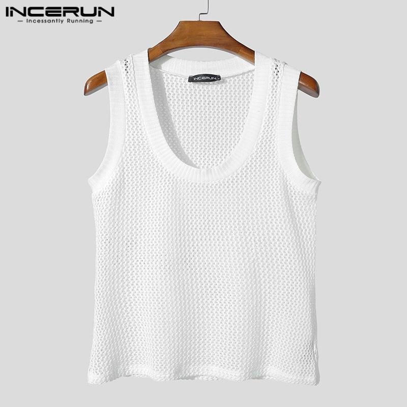 INCERUN Męskie Letnie Top Sportowy Bez Rękawów Z Szydełkowym Wzorem I Wycięciami, Dekolt Okrągły