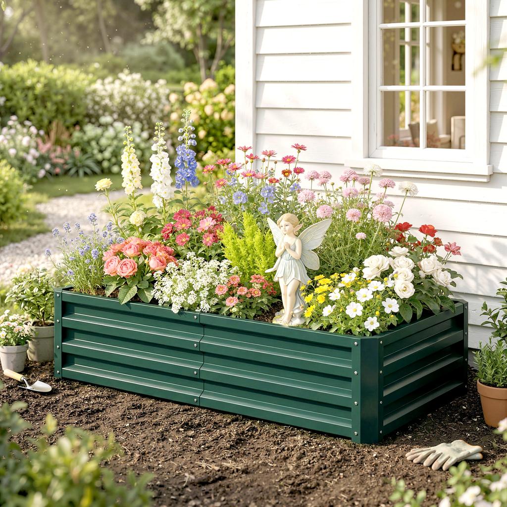 Open-Bottom Raised Vegetable Garden Bed with Lining. Made of Galvanized Steel. 120x60x30.5cm. Green