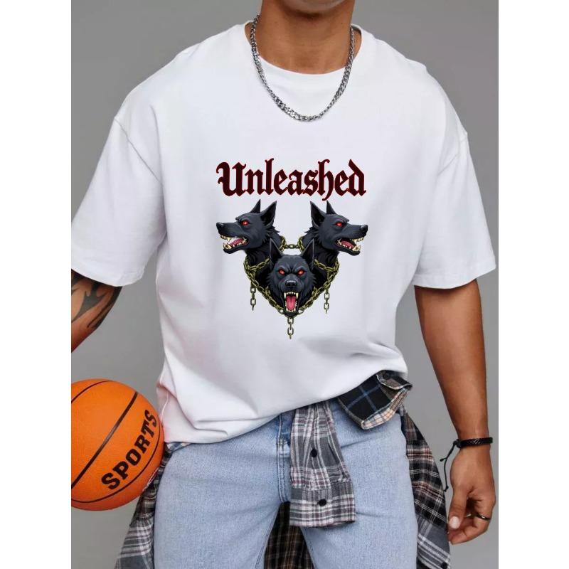 T-shirt con Testa di Lupo Liberata Bianca Tre Lupi Neri con Catene e Occhi Rossi Design Grafico per Abbigliamento Casual e Street Style