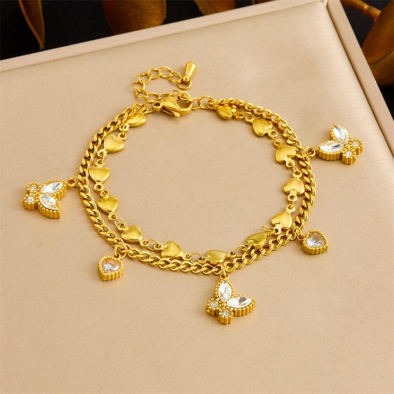 

Gold Plated Double Layer Bracelet with Heart and Butterfly Crystal Charms Fashion Jewelry for Women золотой