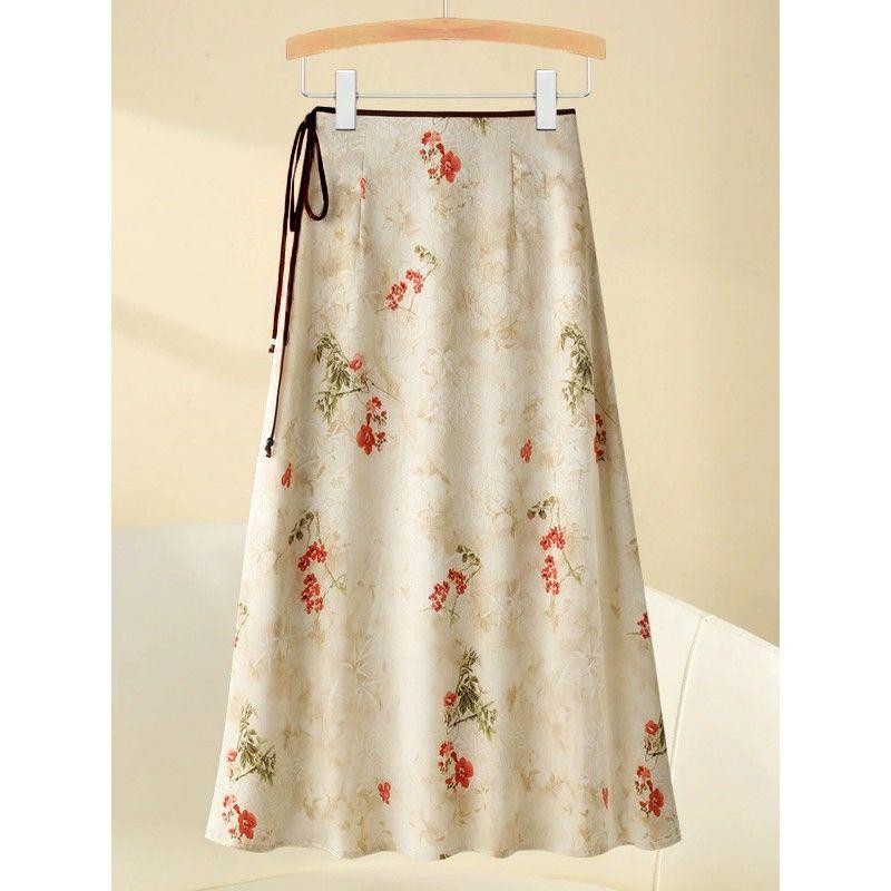 Summer Women's Jacquard Satin Skirt Slimming Casual Printed Mid-skirt Temperament Versatile Chinese Style Skirt