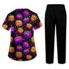 Women's Short Sleeve Uniform Set with Halloween Print, Pocket Top and Pants 2 Piece