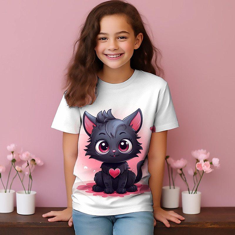 Summer New Cute Cat T-shirt 3-14 Year Old Children's 3D Cartoon Anime Pattern Children's Girls Boys Fashion Short Sleeves