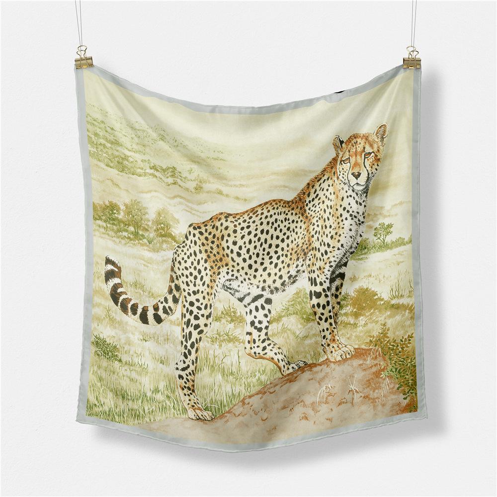 53cm Women Scarf Design Luxury Brand Grassland Leopard Silk Scarf Fashion Hijab Hair Square Scarf Neckerchief For Ladies