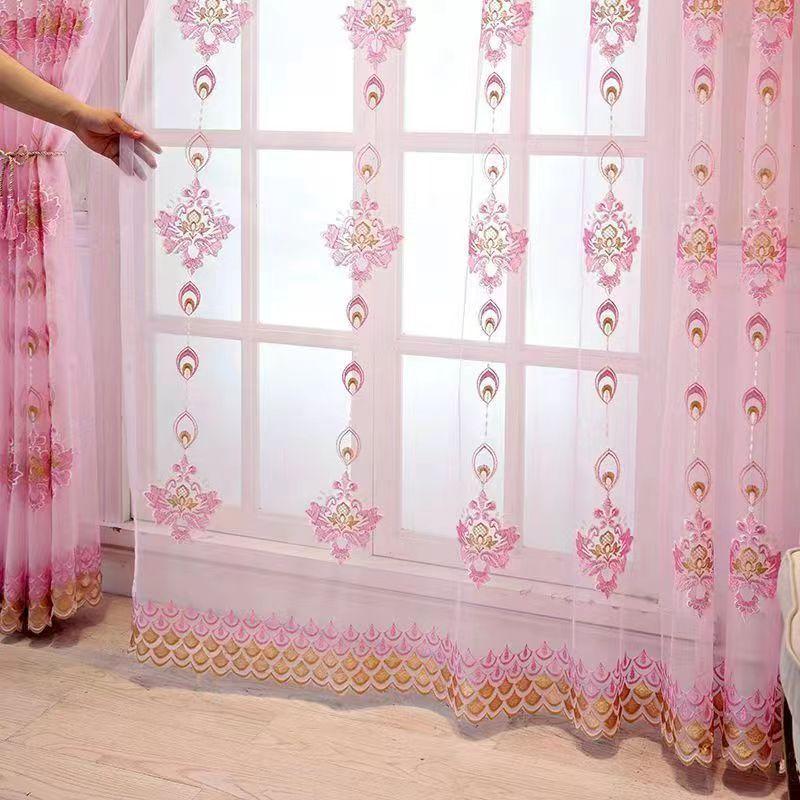 European Beaded Embroidered Sheer Curtains, Grommet Top with Thermal Insulation, for Living Room and Bedroom Decor, Elegant Floral Pattern