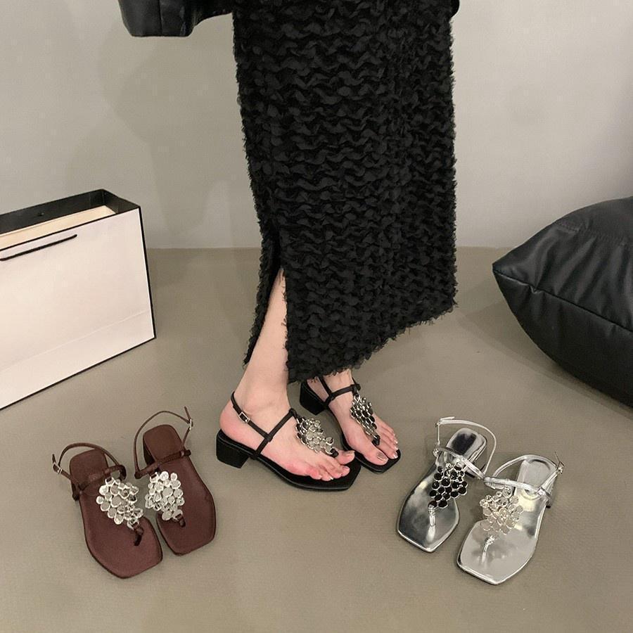 TAILLE 34 Sandales à bride cheville à bout carré Femme Talons carrés Plats Chaussures de fête de banquet Dames Boucle un mot Talons sexy Sandales