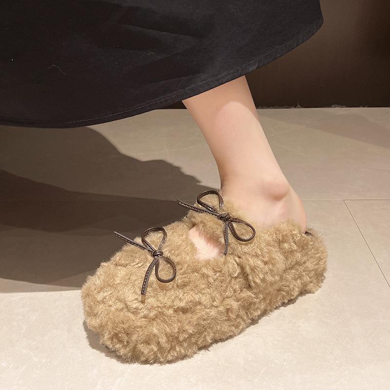 Internet Celebrity Bow Korean Version Ladyshoes High Sense Beautiful Hair Shoes Leopard Print 2025 New Velvet Bean Non-slip Cotton Shoes