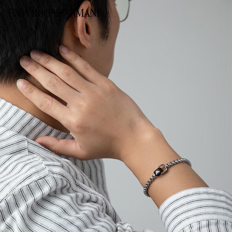 Emporio Armani Cuban chain black and silver double ring pendant men's bracelet Black Silver F Basic Packaging