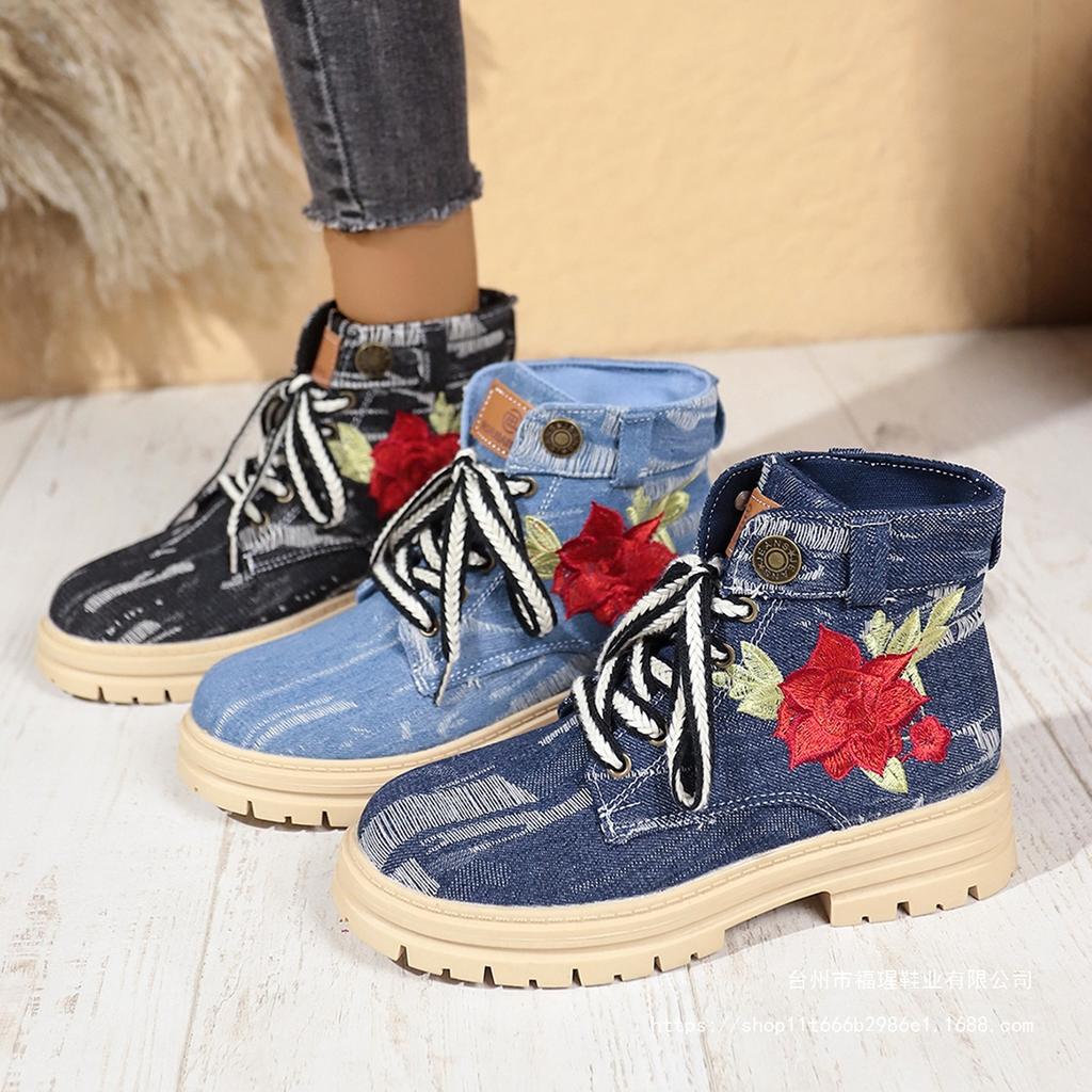 Denim platform Martin boots 2025 winter color matching British style women 2025 printing tooling boots