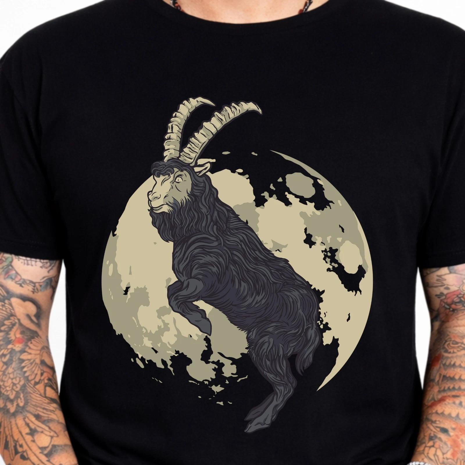 Goat Full Moon Gothic Graphic Tee Dark Fantasy Occult Mystical Horns Shirt. XS