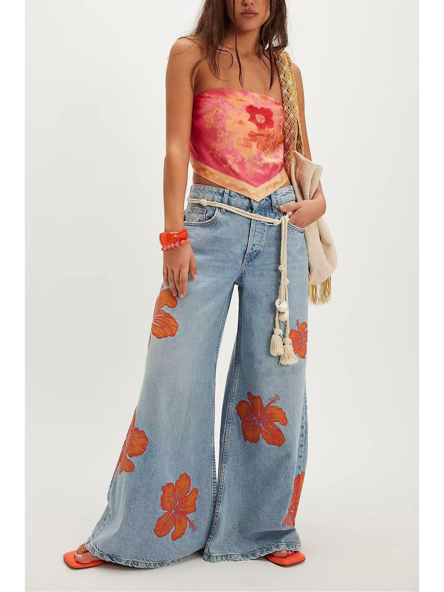 

Retro Floral Print Wide-Legged Jeans - European & American Style Casual Trousers M