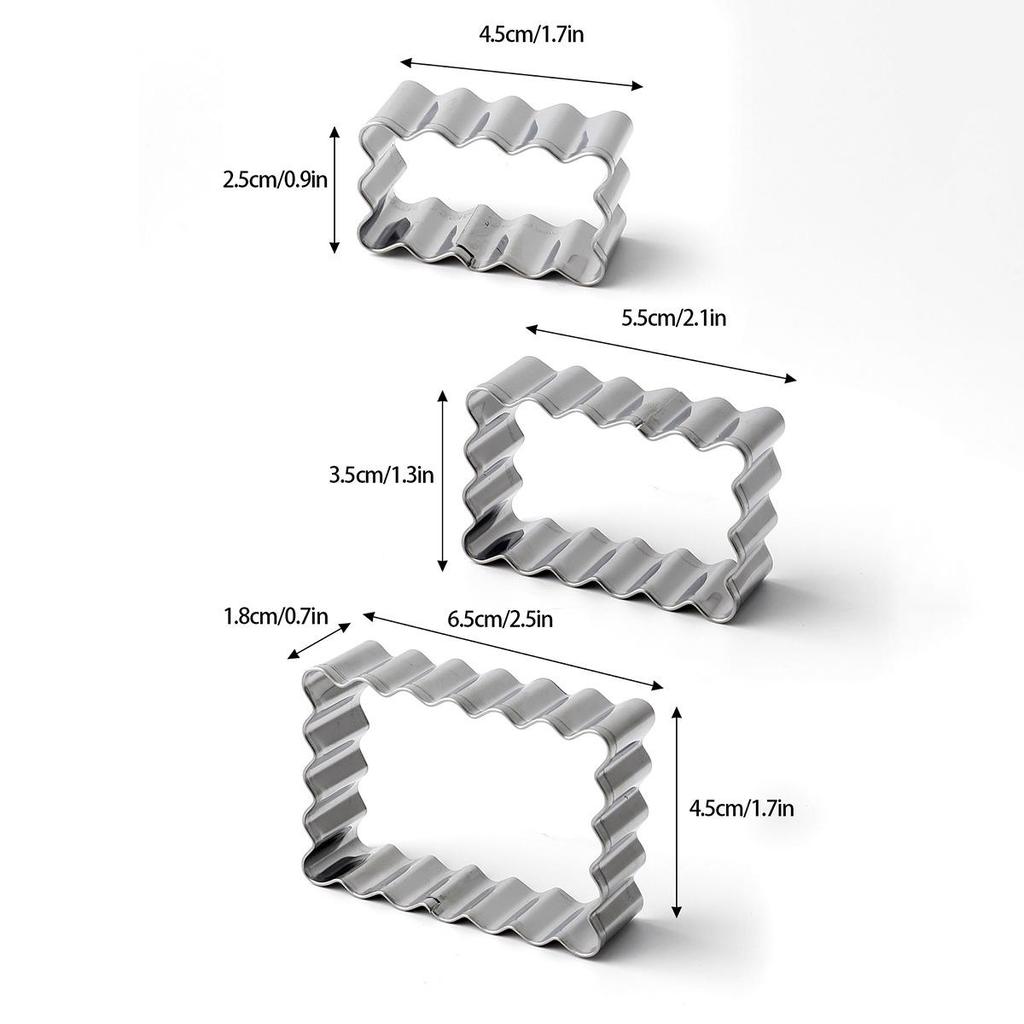 Stainless Steel Fondant Lace 3-Piece Cookie Cutter Set: Rectangular, Wavy Square, Mini Circle