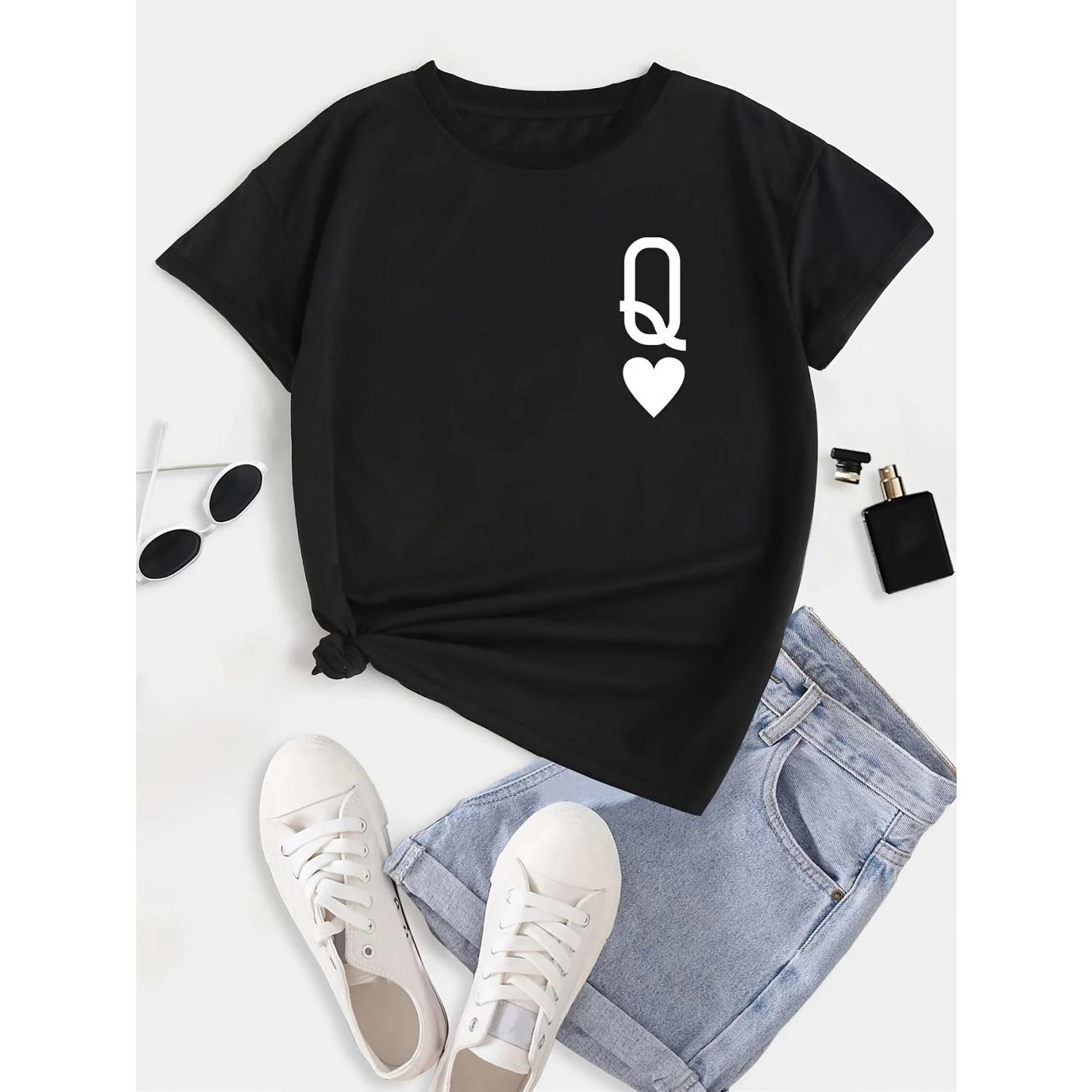 

Letter Q Print T-Shirt, Casual Crew Neck Short Sleeve T-Shirt, Women s Plus Size Clothing S чёрный