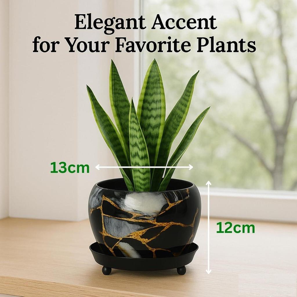 5 inches, Lily Black Metal Plant Pot with Saucer Plate | Indoor Outdoor Home Decor Item for Garden Plants Flower, Balcony, Patio, Living Room, Garden