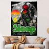 A hooded figure with a fiery face, machinery, and a sunset backdrop. Patterned tapestry for bedroom and living room home decor