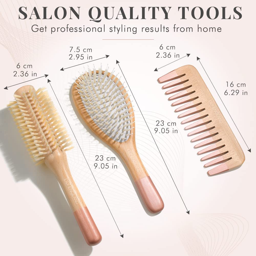 Lily England Wooden Hairbrush Set - Paddle Brush, Round Brush & Comb, Soft Bristles, Women's Hairbrush (Rose Gold)