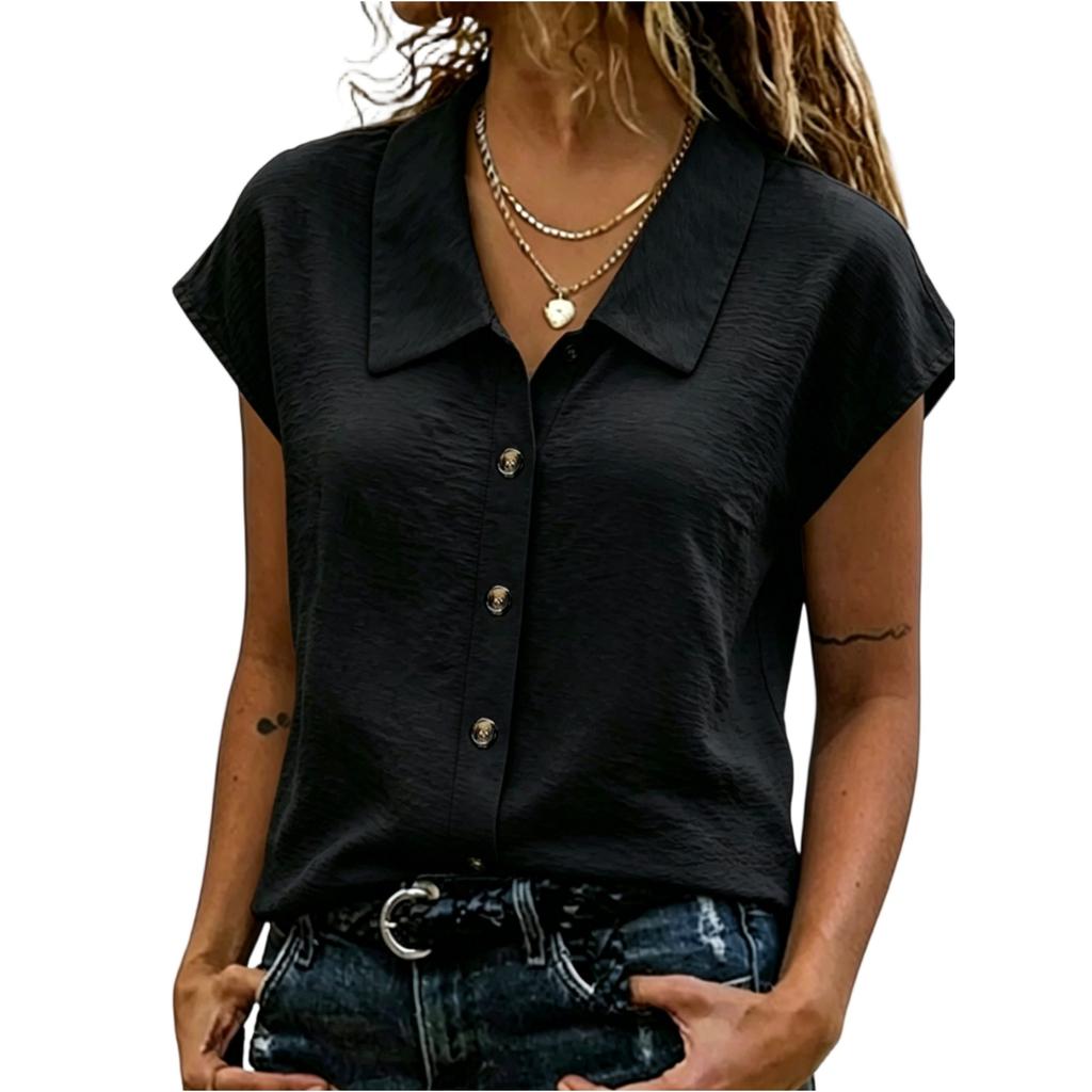 Womens Casual Short Sleeve Button Down Top Woven Fabric with Pointed Collar Relaxed Fit Lightweight Shirt for Everyday Wear