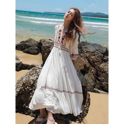 Women's White Embroidered Ethnic Summer Beach Dress with Big Swing Skirt