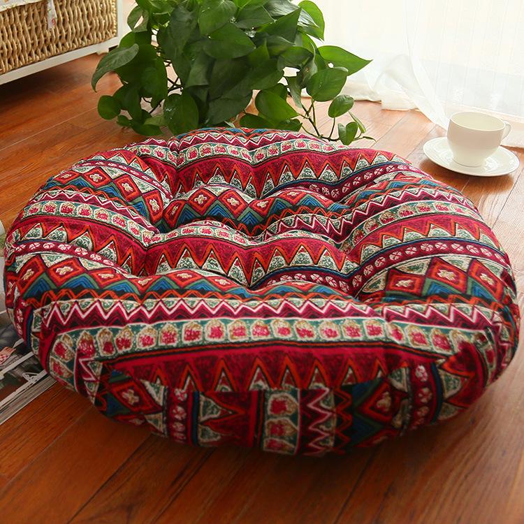 Ethnic Fabric Thickened Round Cotton Linen Cushion for Bay Window, Tatami, Prayer, Teahouse, or Yoga.