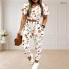 Women Plus Size White Printed Round Neck Short Sleeve Top Drawstring Cuffed Pants Two Piece Set With Pockets
