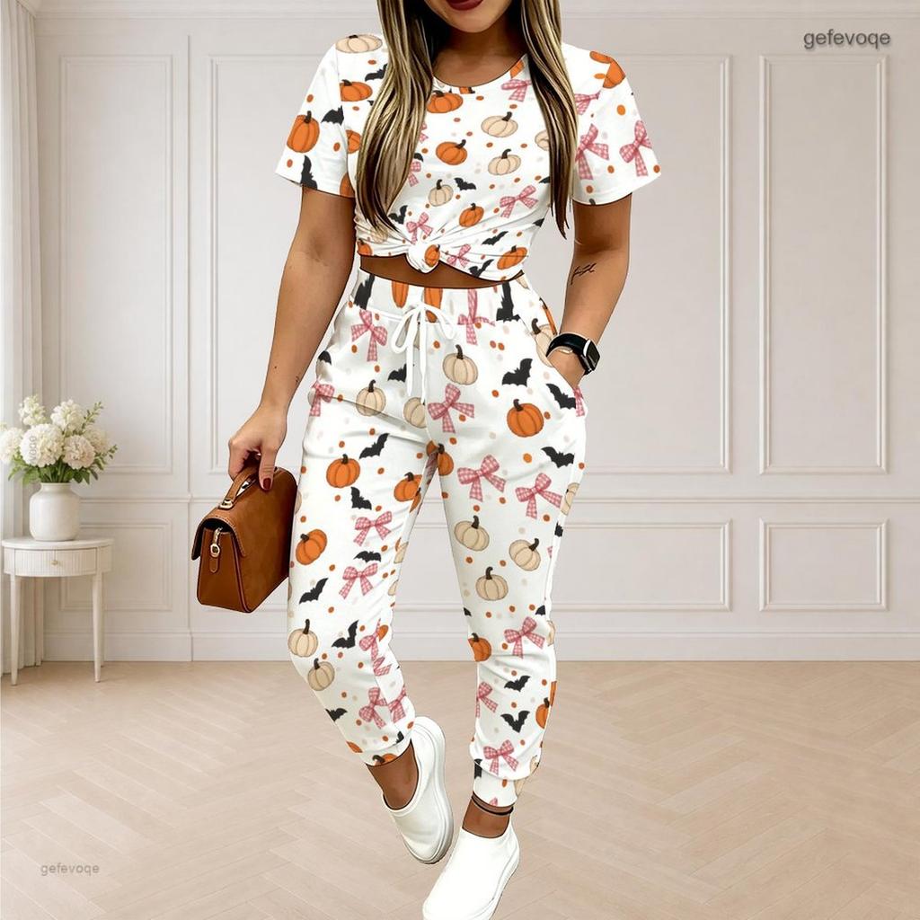 Women Plus Size White Printed Round Neck Short Sleeve Top Drawstring Cuffed Pants Two Piece Set With Pockets