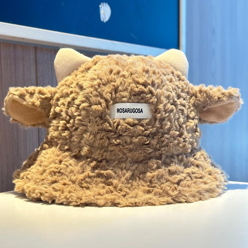 Cute plush lamb bucket hat women's autumn and winter warm versatile basin hat big head circumference show face small couple ear hat