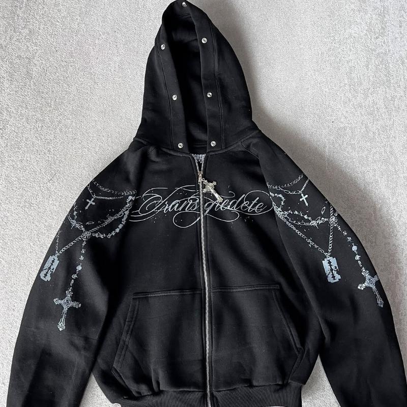 Evropská a americká podzimní a zimní volná mikina se zipem a potiskem písmen, s odnímatelným kožešinovým límcem, high street