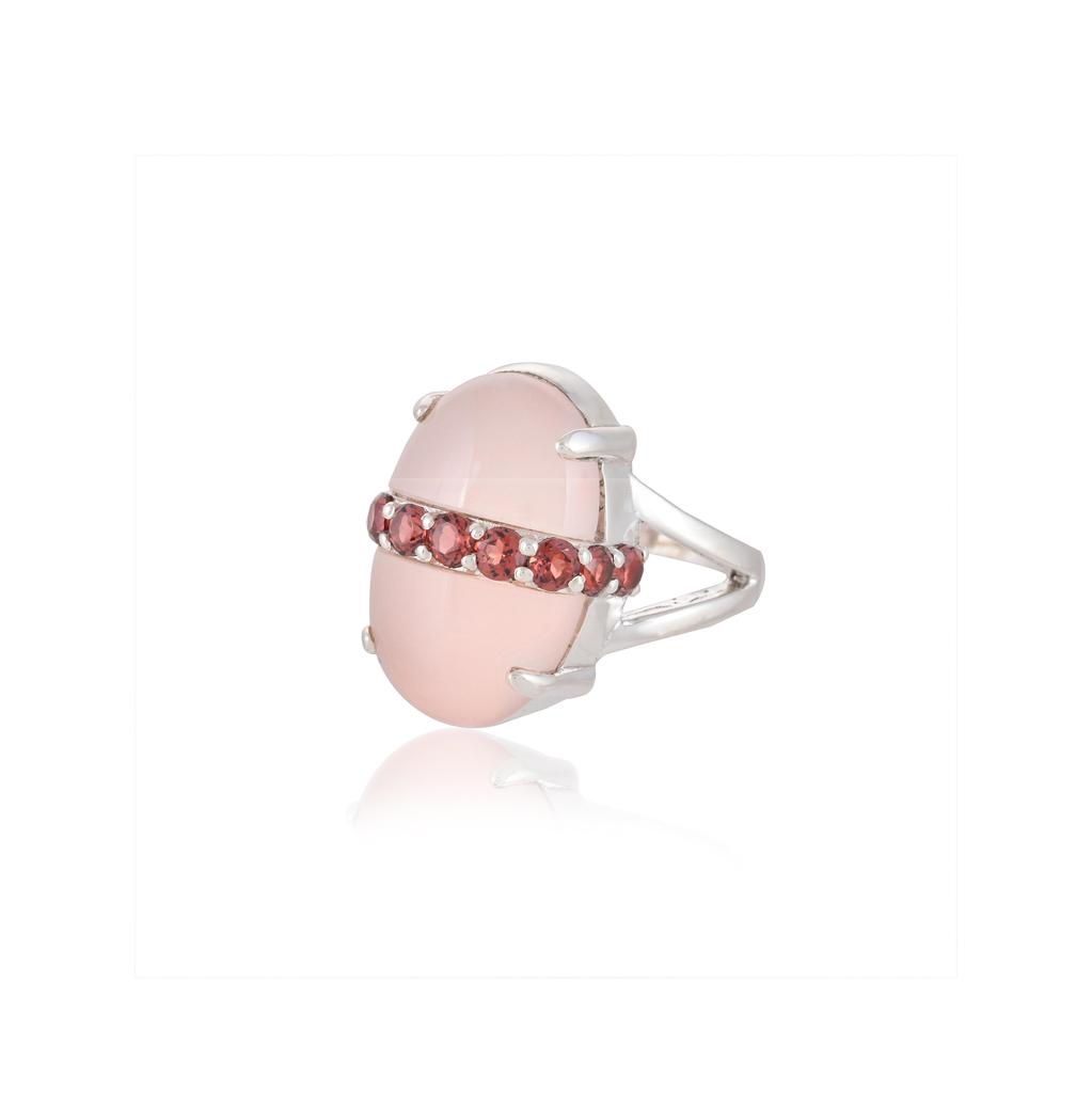 Unique Women's 925 Sterling Silver Oval Gemstone Statement Ring – Mojave Turquoise, Green Onyx or Rose Quartz with Faceted Accent Stones