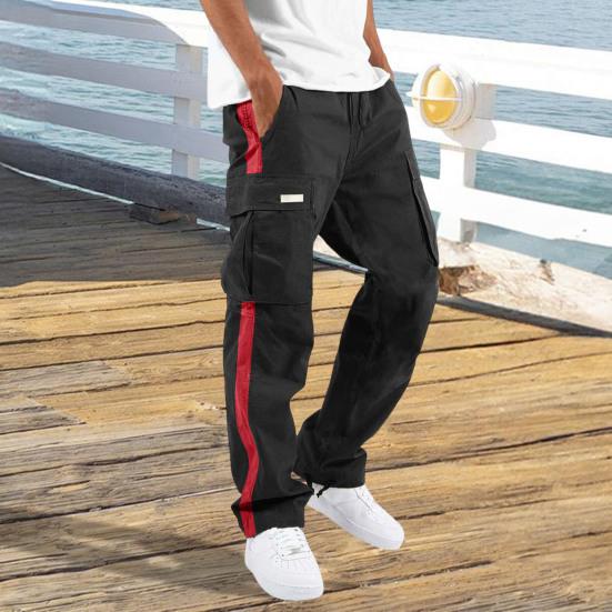 Men Pants with Multi Pockets Drawstring Elastic Waist Wide Leg Loose Cargo