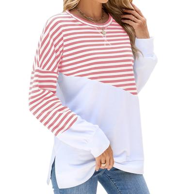 Autumn Women's Pullovers Solid Colour Round Neck Clashing Stripe Long Sleeve Top