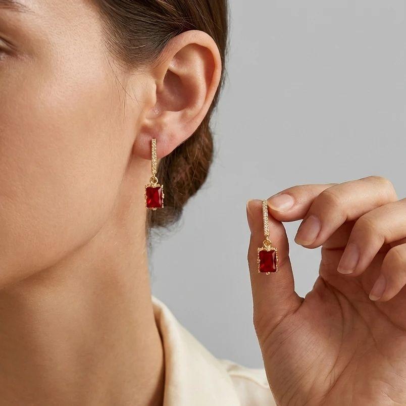 Romantic Red Zircon Drop Earrings for Women Gold Plated Square Dangle Earring Valentine's Day Jewelry Gift for Wife Girlfriend