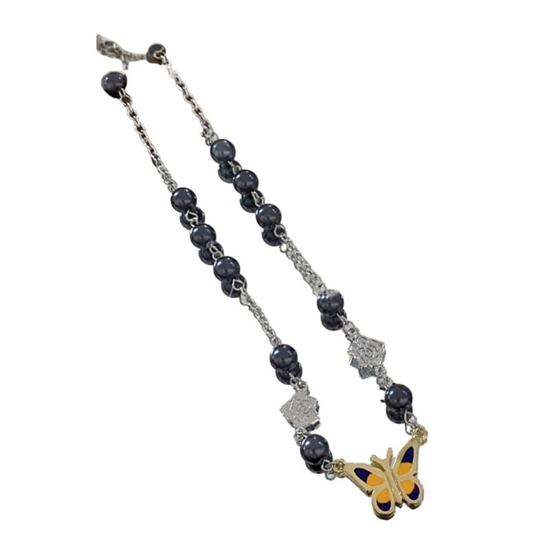 Women's Butterfly Pendant Beaded Necklace Flower Pearl Chain Necklace Y2K Clavicle Chain Choker Necklace Jewelry Gift
