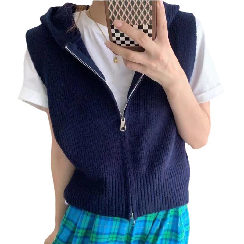 Hooded Knitted Vest New Zipper Cardigan for Women Short Loose Fitting Sleeveless Sweater Jacket for Outerwear