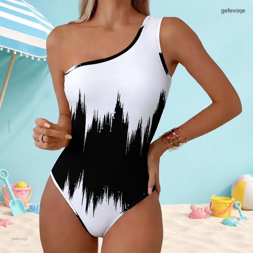 Women Plus Size One Shoulder One Piece Swimsuit Asymmetric Neck Black White Print