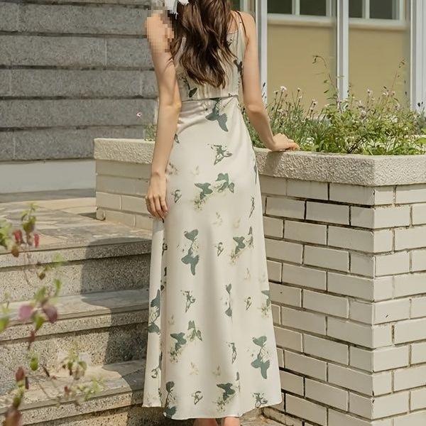 Elegant French Resort-Style Off-The-Shoulder V-Neck Butterfly Print H-Line Dress for Women