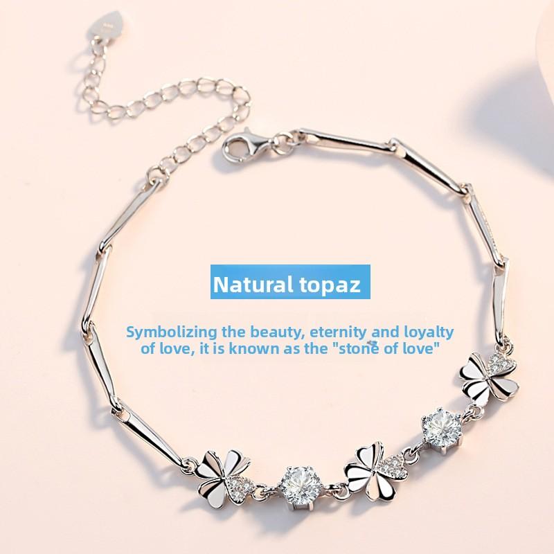 925 Silver Plated Bracelet for Women Sweet Clover Rotating Flower Zircon Jewelry
