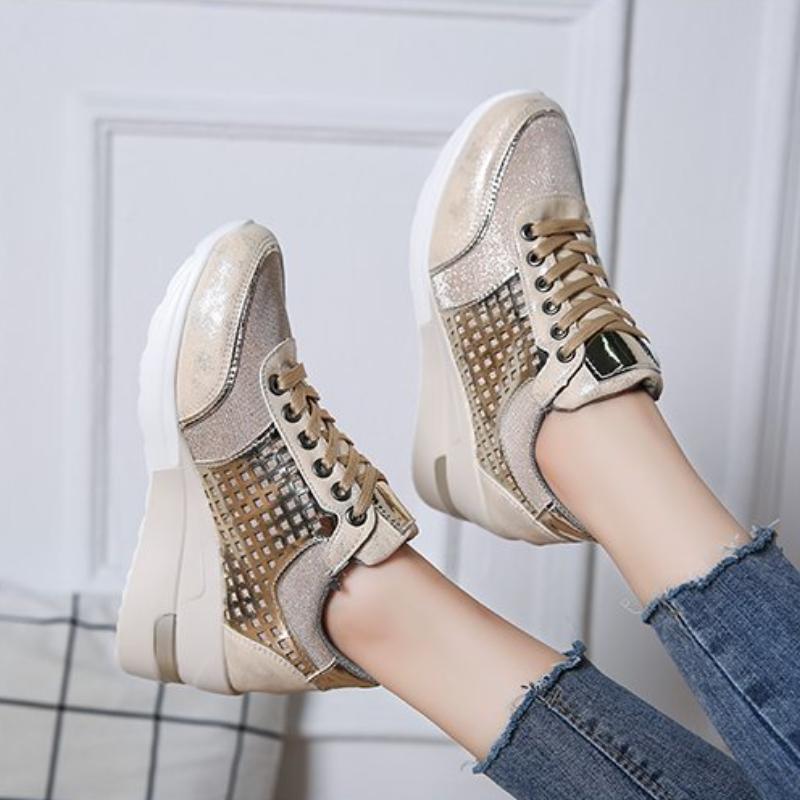 Trendy Daily Vulcanized Shoes 2024 Autumn Style Mesh Breathable and Versatile Slope Heel Casual Sports Women's Shoes Large Size