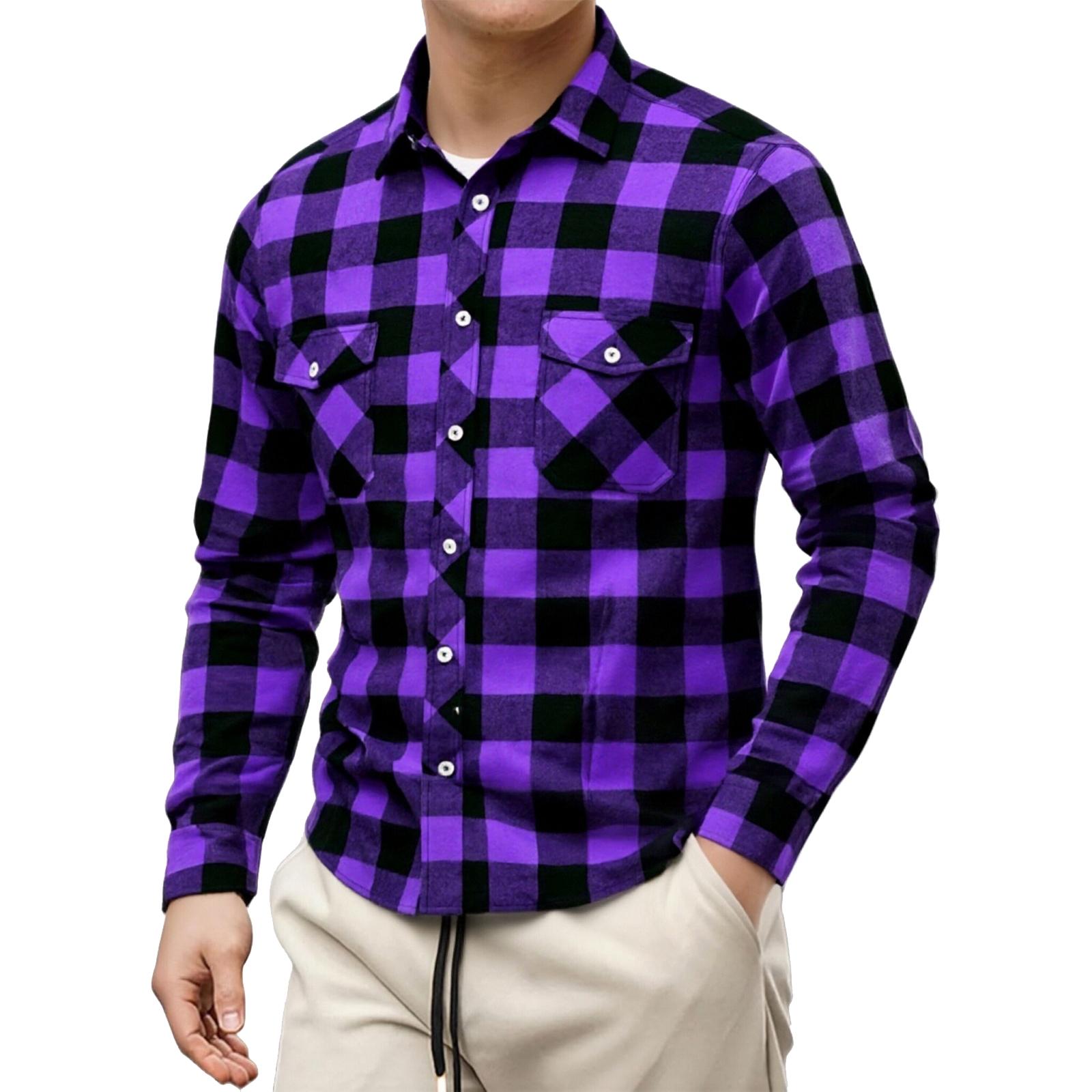 Men s Casual and Trendy Checked Print Long,sleeved Lapel Button Flannel Checked Shirt M фиолетовый