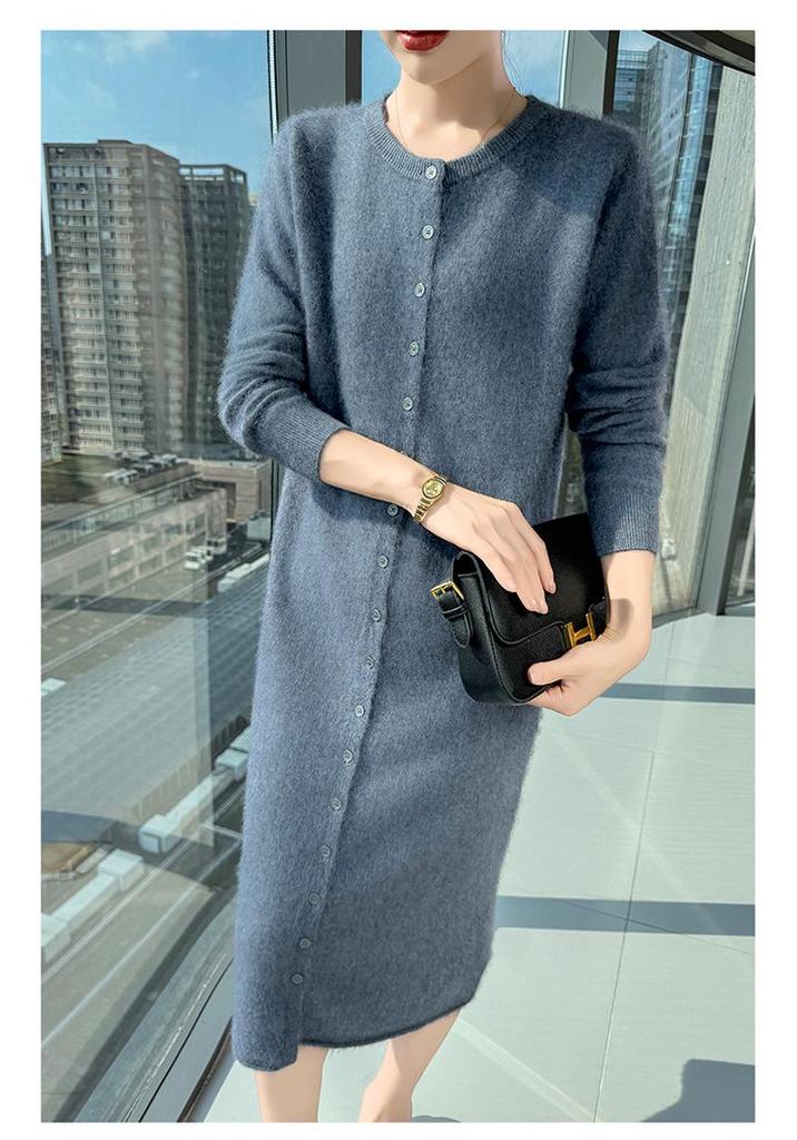 Women's Mink Cashmere Cardigan - Round Neck, Long Sleeve, Soft, Fluffy, Loose Fit, Mid-Length Knit Wool Sweater for Autumn/Winter.