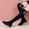 Fashion Elegant Heeled Rhinestone Round Toe Above Over The Knee Shoes Woman Autumn Winter Fleece-Lined Black Thigh High Boots for Women