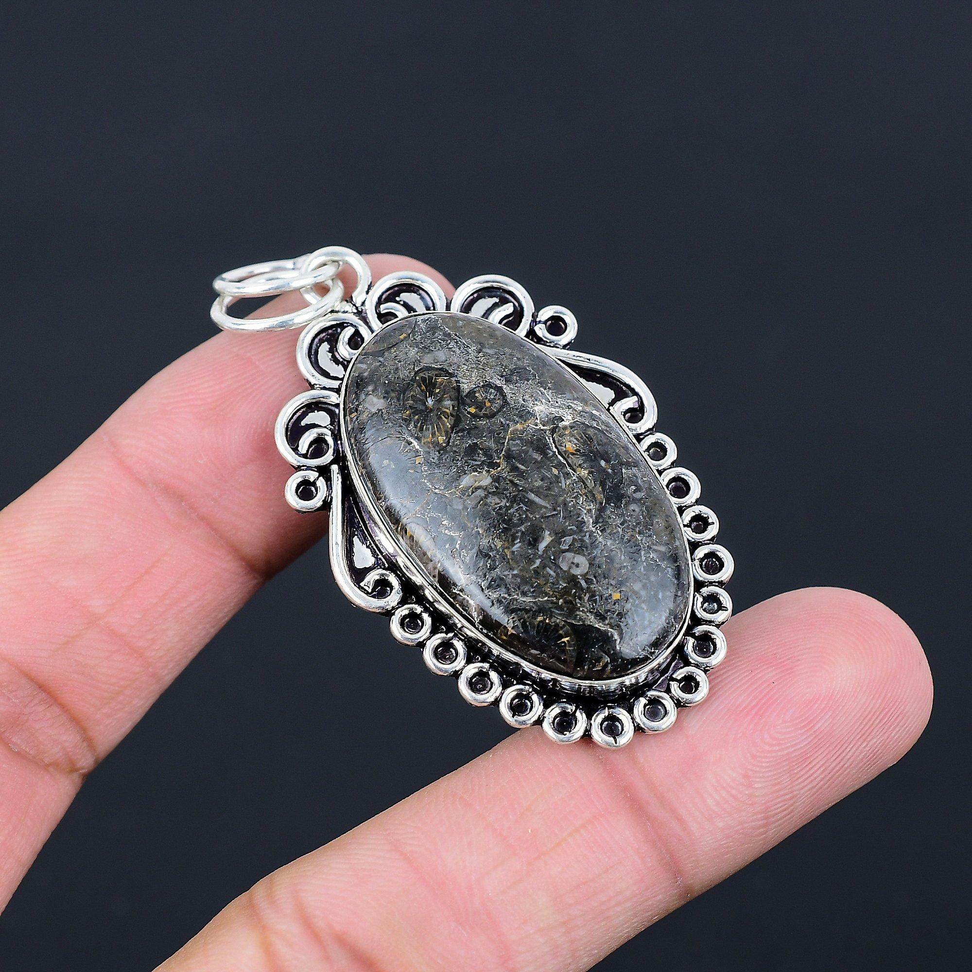 Sterling Silver Oval Natural Black Fossil Coral Birthday Wedding Pendant Jewelry