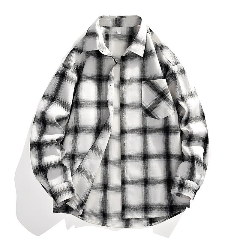 Men Plaid Long Sleeve Shirt Japanese Hong Kong Style Loose Casual Shirts New Trendy Brand All Match Outerwear